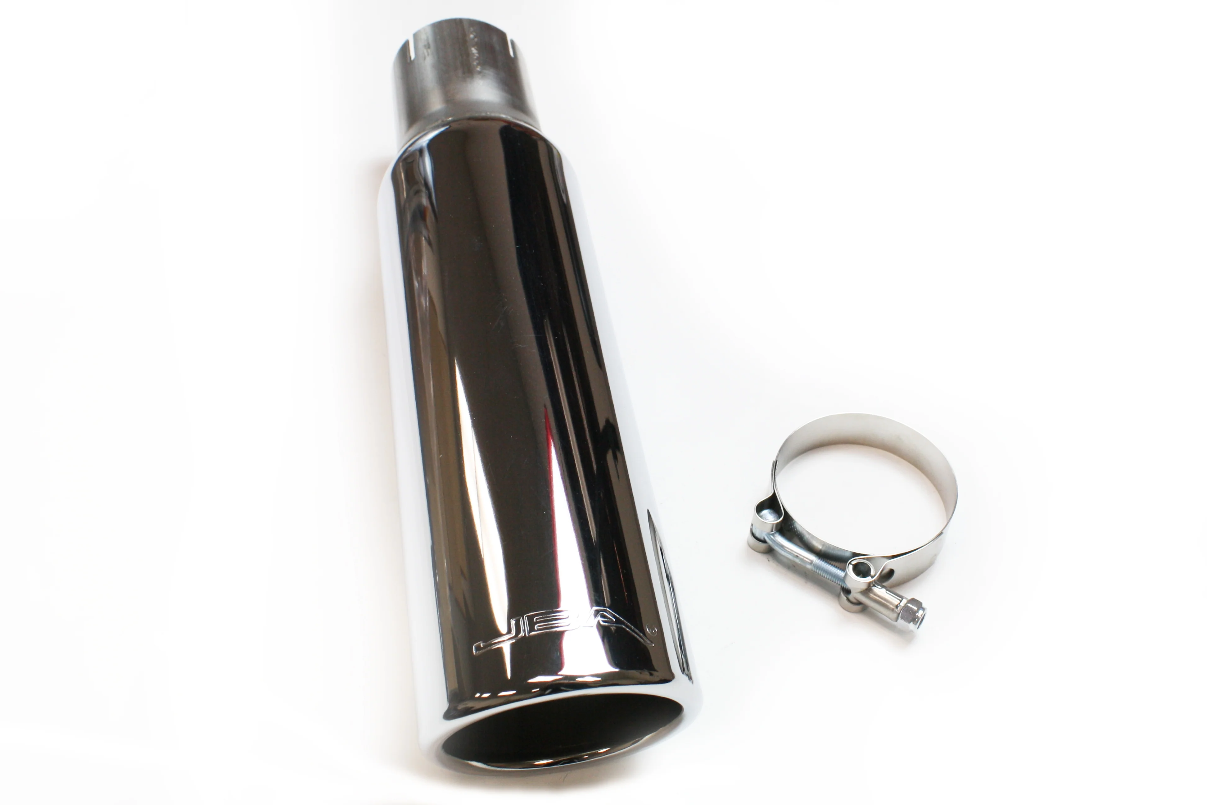 JBA Performance Exhaust 12-08215 2.5” x 3.5” x 15” Polished S/S Angle Cut Chrome Tip - Clamp on