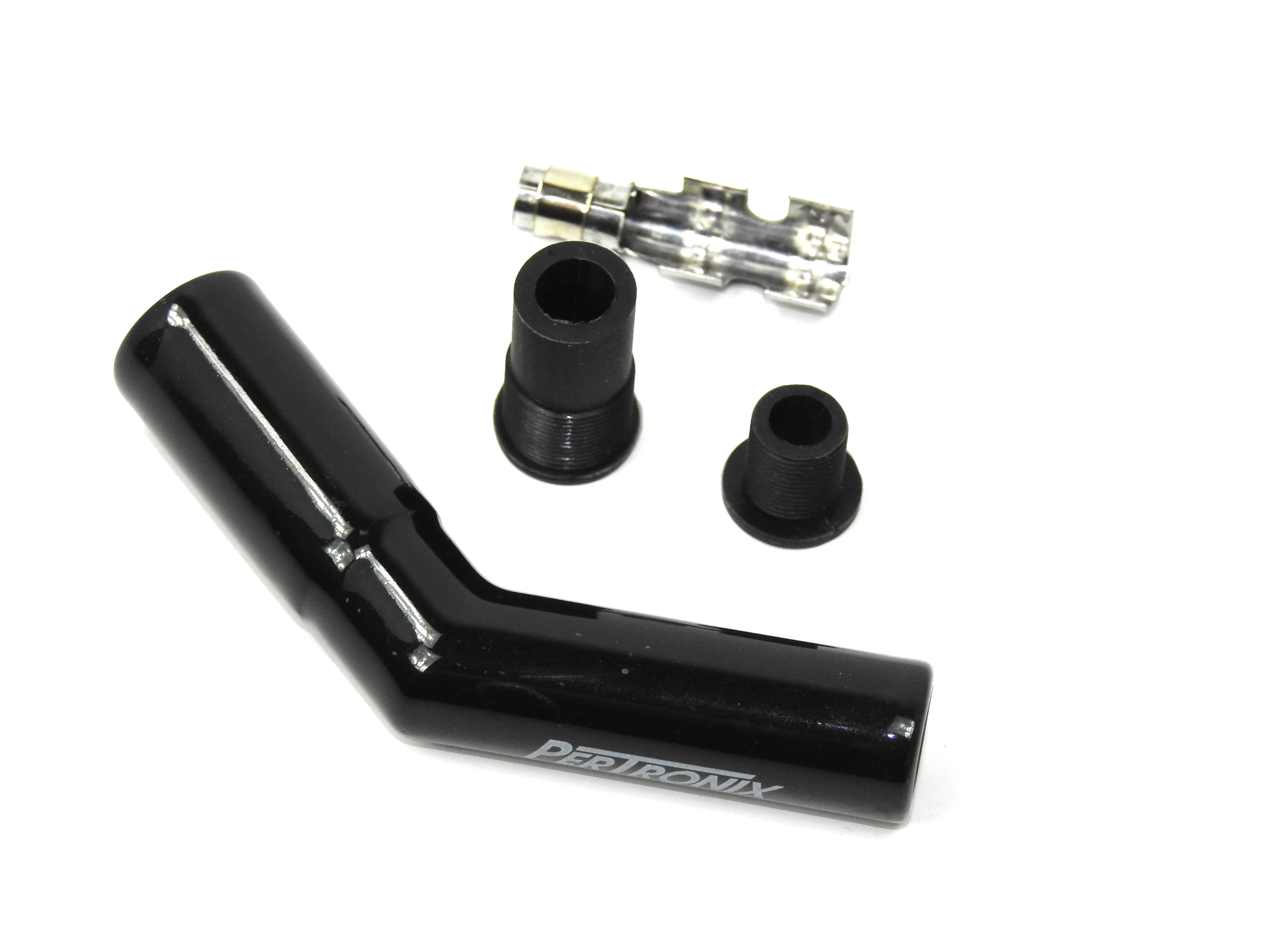 PerTronix 8563HT-1 Black Ceramic Spark Plug Boot 45 Degree includes silicone plug and wire bushings, stainless steel spark plug terminals and high temp ceramic boot